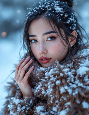 The primary subject of the image is a woman with long hair, wearing a brown coat and a fur coat. She is posing for the camera, and her eyes are open. The setting is a snowy environment, with snow falling around her. The visual style is a photo, and the colors and mood are dominated by the white snow and the brown coat, creating a cold and wintry atmosphere.